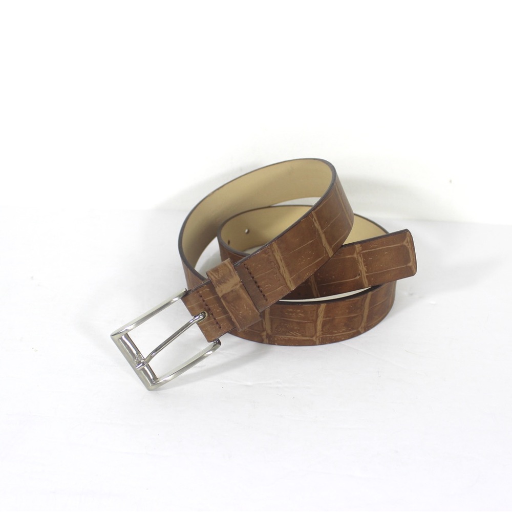 ARALDI Italian Leather Belt, Embossed Croc Natural Tan Leather Silver Buckle